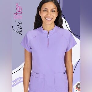 koi Harmony Lavender Short Sleeve Zip-Front Scrub Top